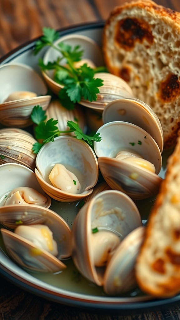 Creamy Garlic Butter Clams Recipe A bowl of creamy garlic butter clams with parsley and crusty bread, highlighting the seafood delicacy.